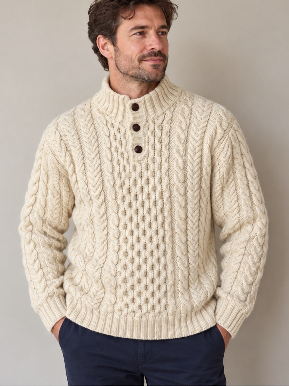 Vintage Irish Fisherman Aran Sweater Men’s XL 100% Wool Cream Cable Knit